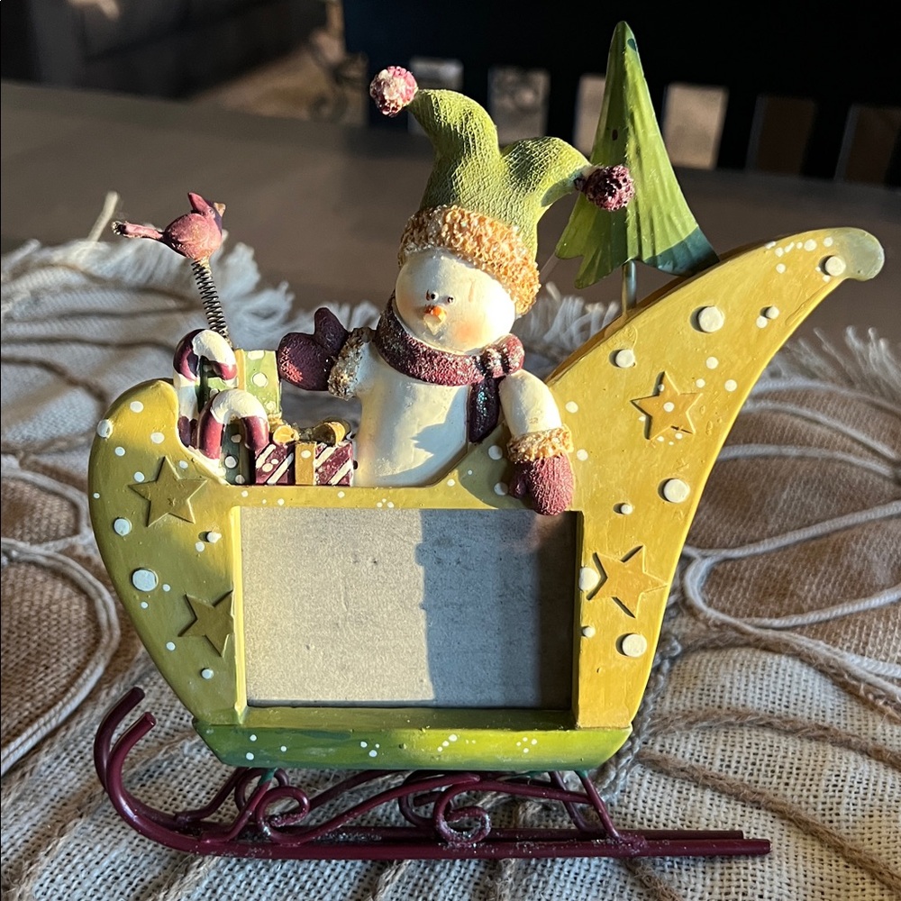 Adorable 3 Dimensional Santa Snowman in Sleigh Picture Frame - 6-3/4” x 6”